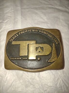 Texas Pacific Oil Company Brass Belt Buckle - Gold & Dark Bronze
